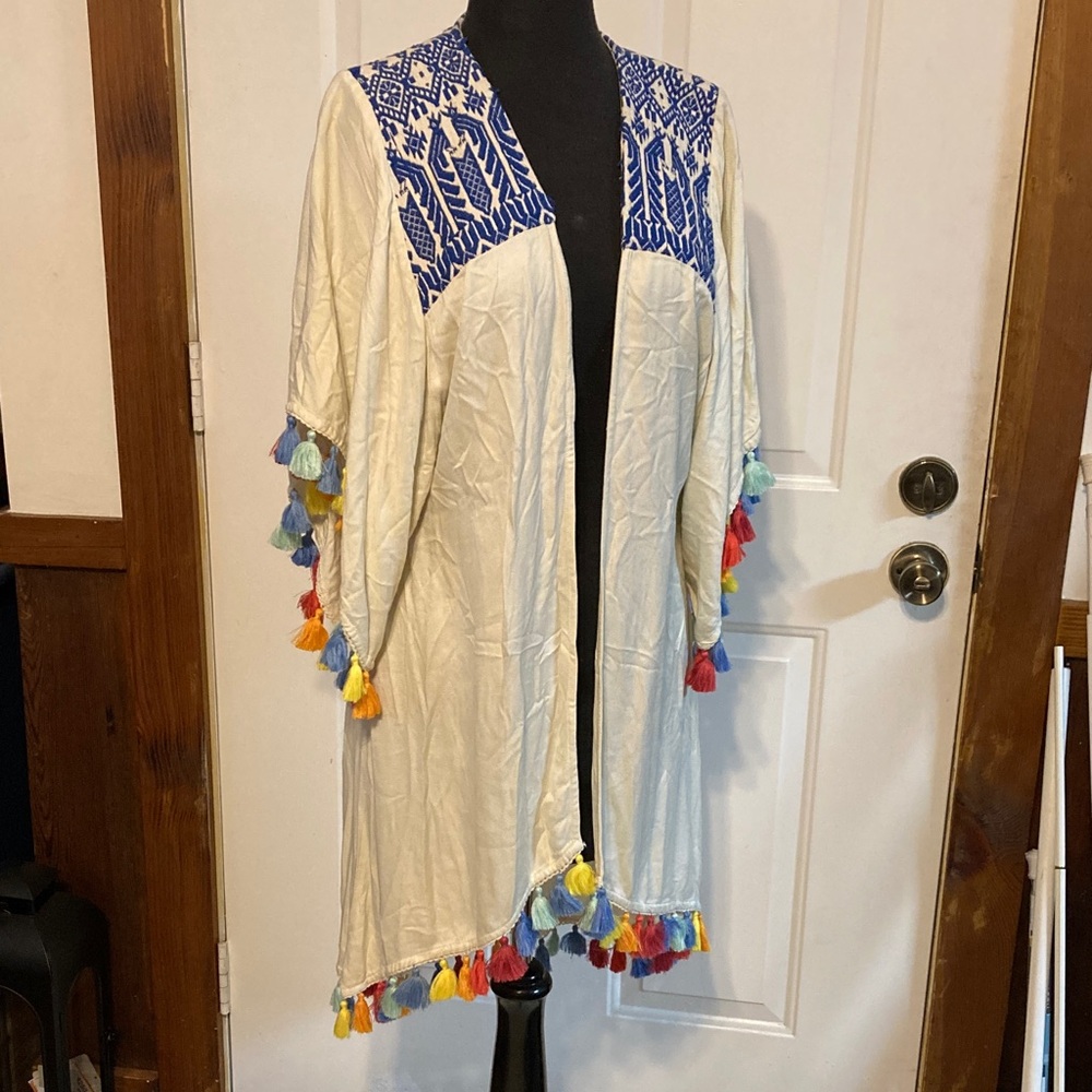 Judith March Cream Cape with Blue Pattern and Multicolor Tassels
